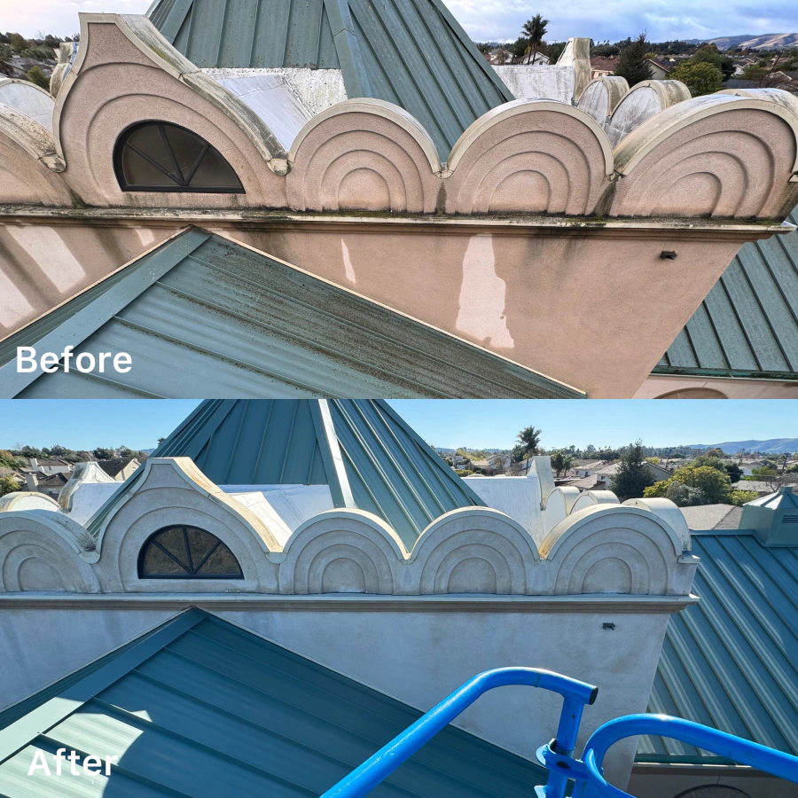 before and after of metal roof pressure washing